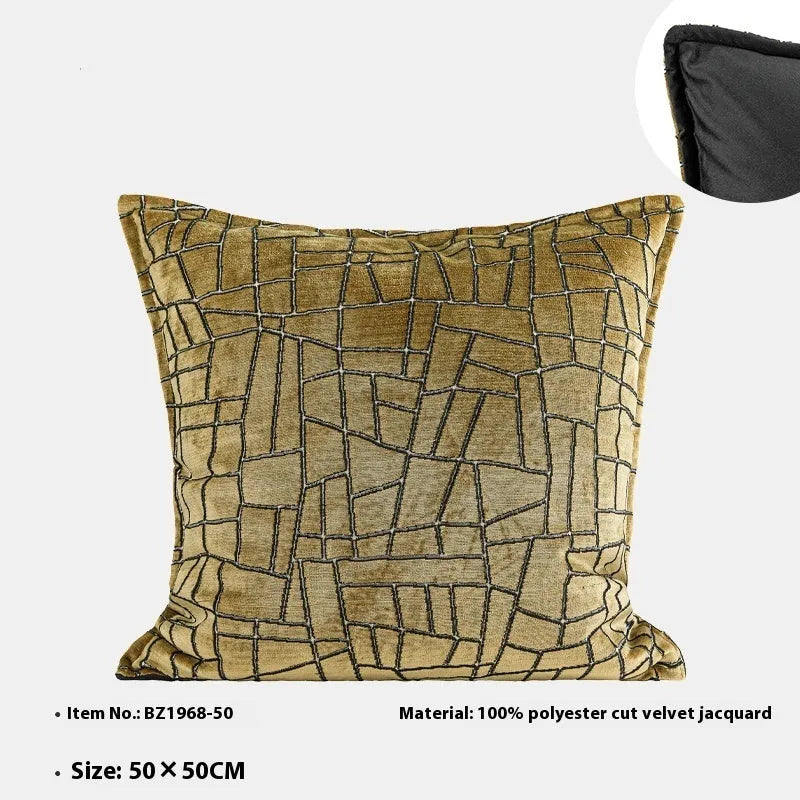 Gold geometric pattern polyester cushion cover showing three size options