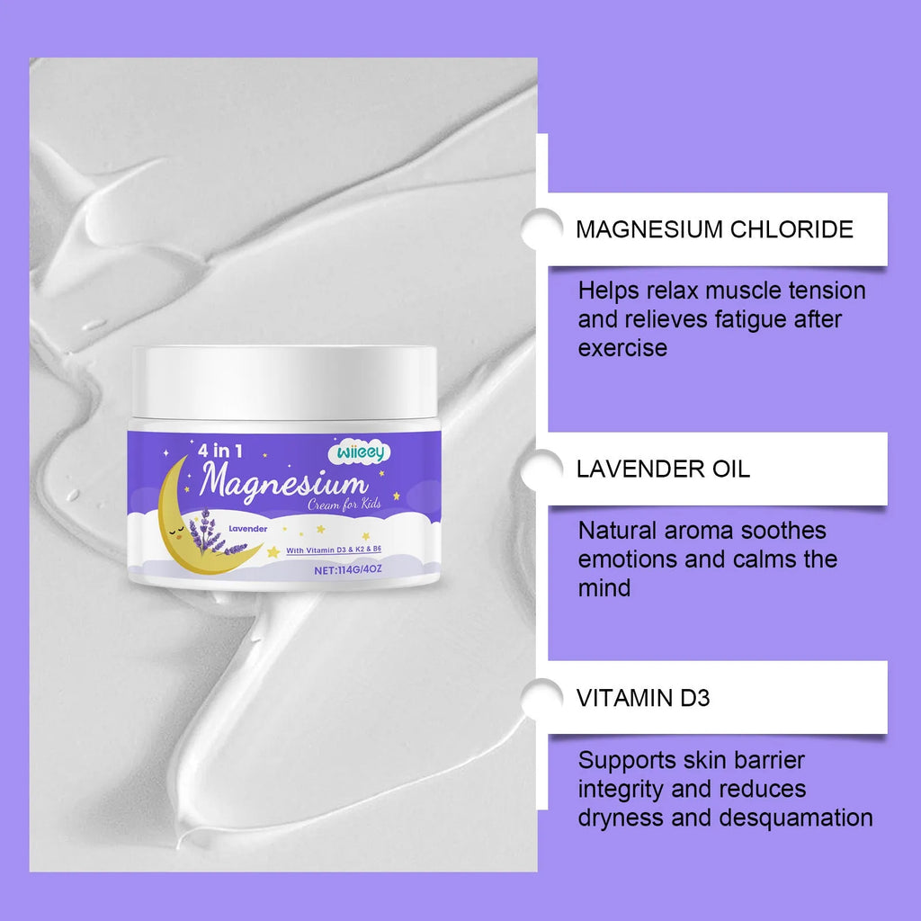 4 in 1 magnesium cream for kids in 114g container with vitamins and lavender oil
