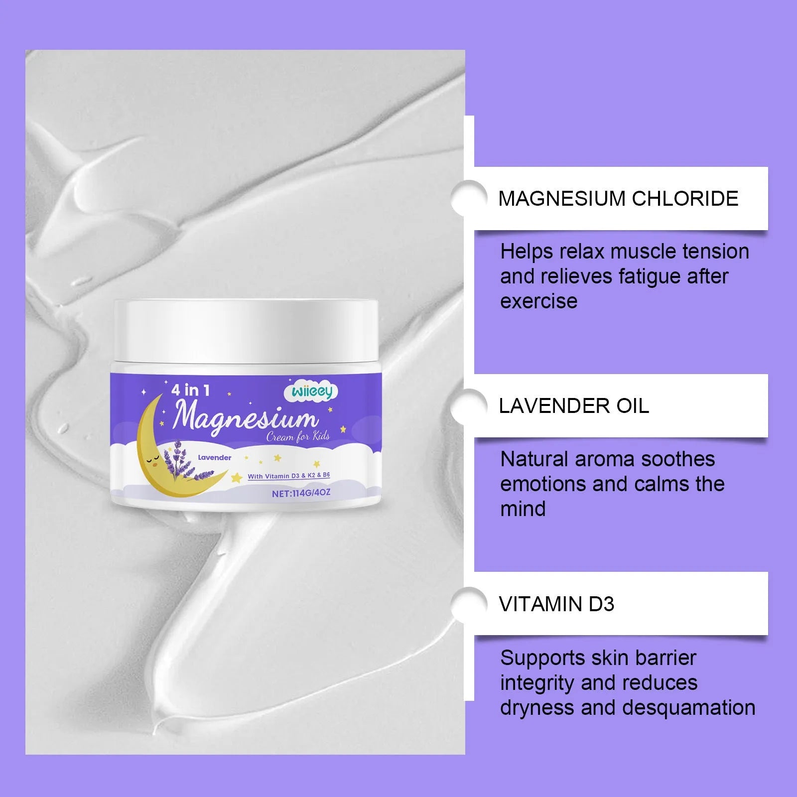 4 in 1 magnesium cream for kids in 114g container with vitamins and lavender oil