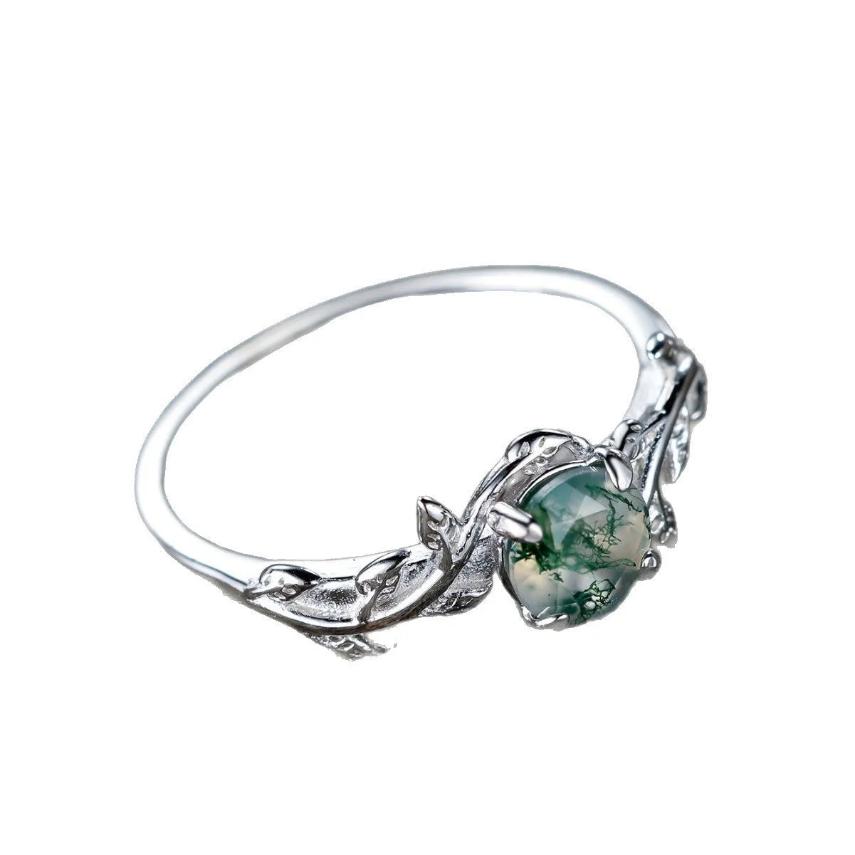 Women's copper ring with moss agate and aquamarine stones in a flower shape, electroplated finish, size option shown