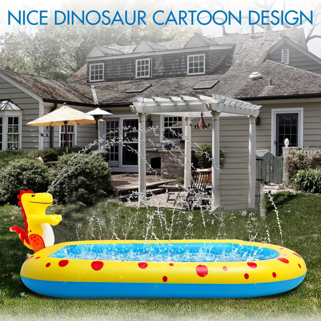 Blue dinosaur inflatable water spray pool measuring 170x105x65cm for outdoor children's play