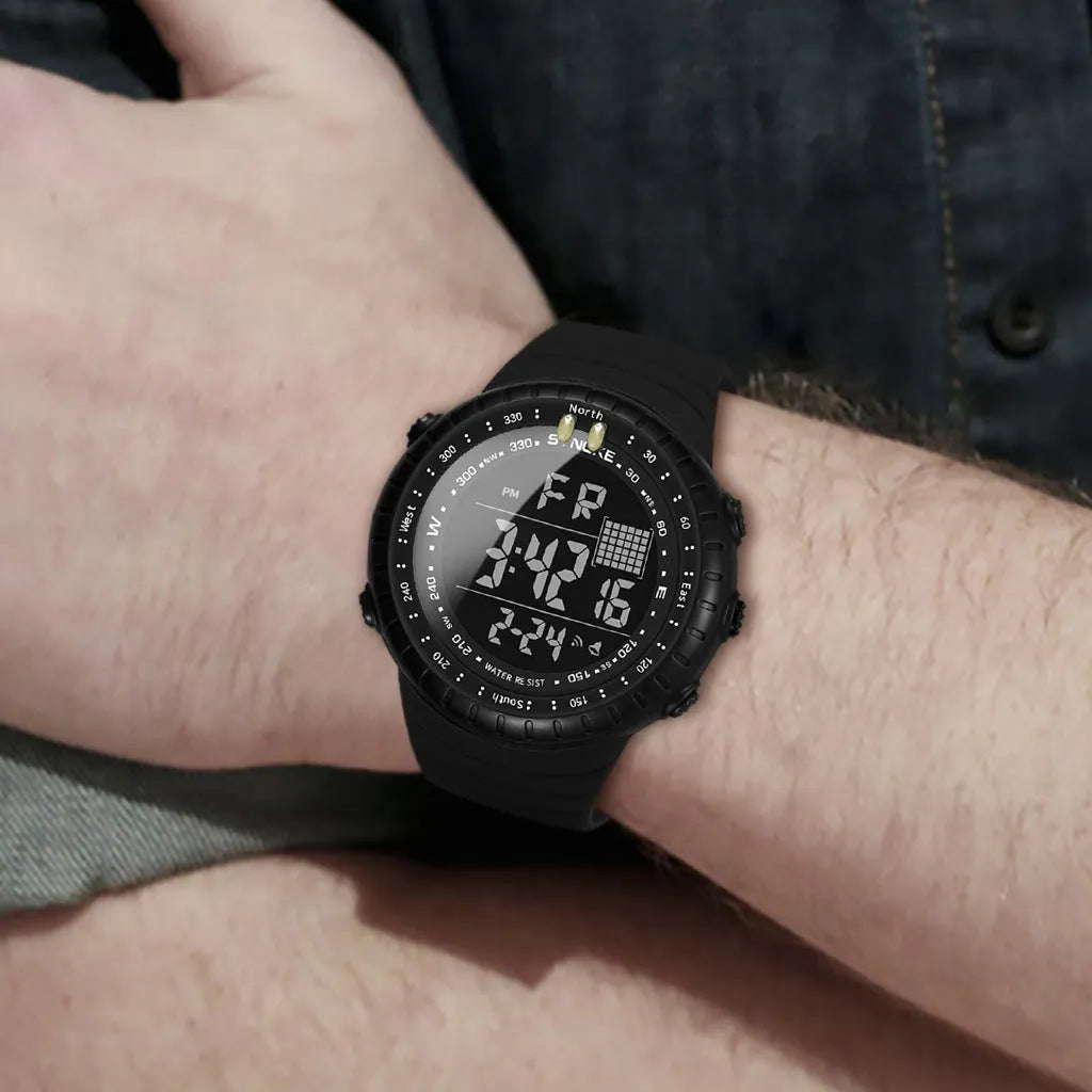 Black men's waterproof outdoor electronic watch with 54.74mm dial and PU strap
