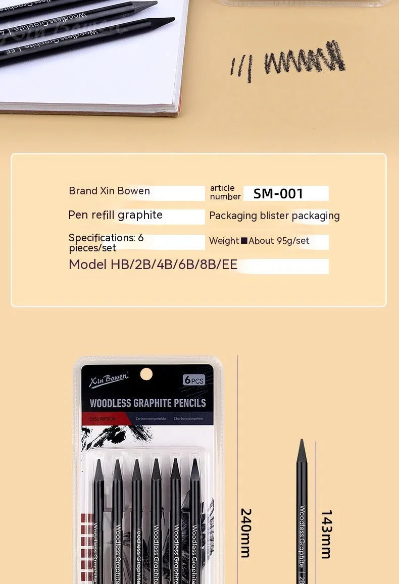 Graphite sketching pencil set with wood-free construction and six hardness grades
