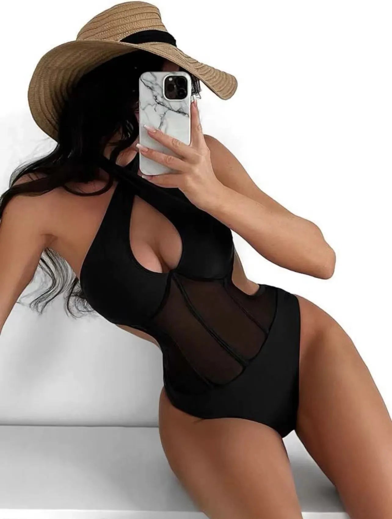 Ladies' one-piece swimsuit bikini in black, rose red, and green colours on a size chart