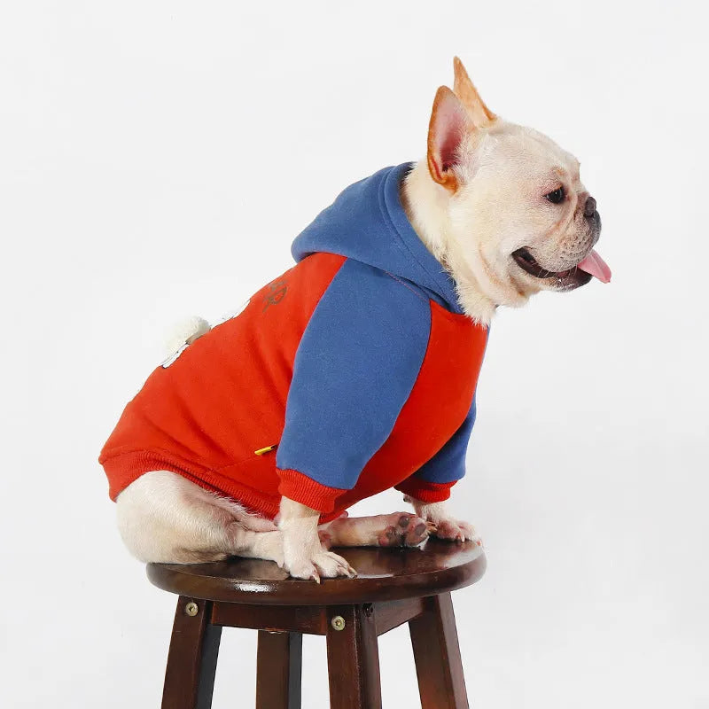 Red cotton dog jumper for small and medium breeds like Teddy, Bichon, and Corgi on a white background.