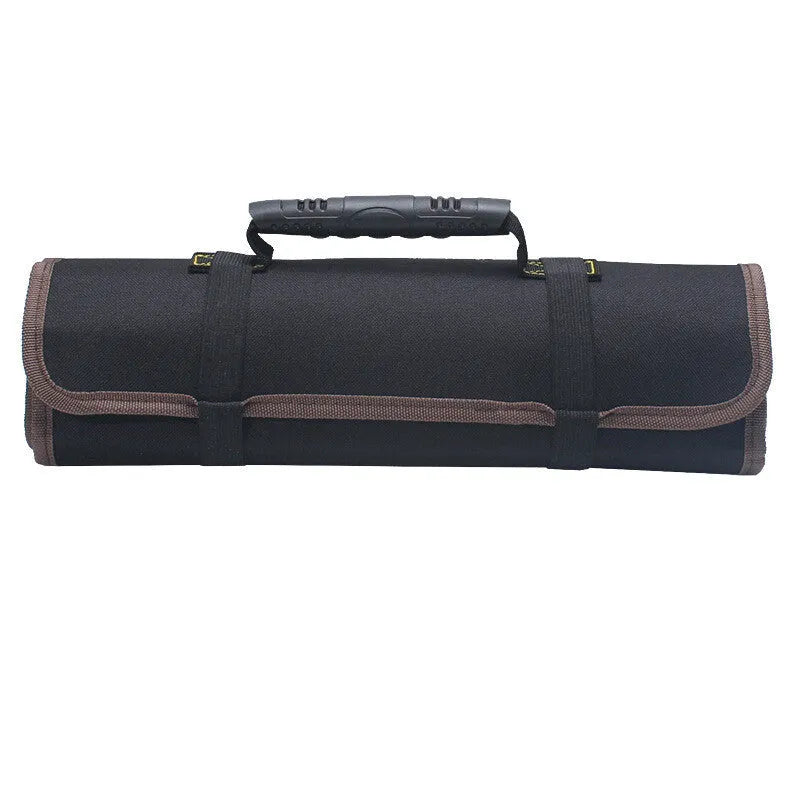 Brown Oxford cloth electrician storage bag reel mounted on wall with tools inside