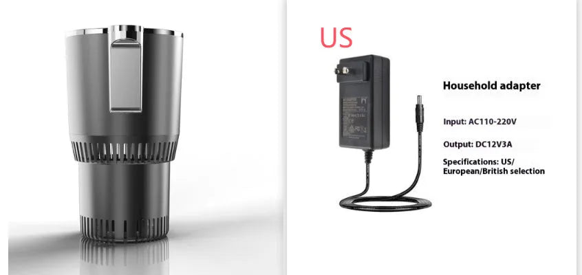 Black 12V car cup warmer and cooler with digital temperature display placed in a car cup holder.