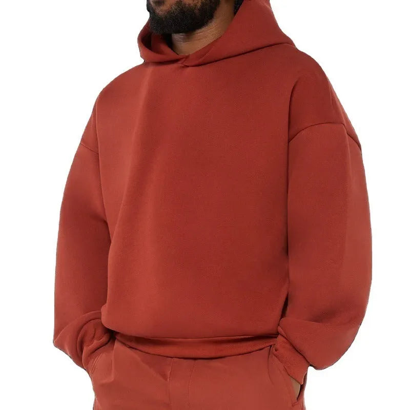 Men's fleece-lined cotton hoodie sweatshirt with wool lining in solid colour options