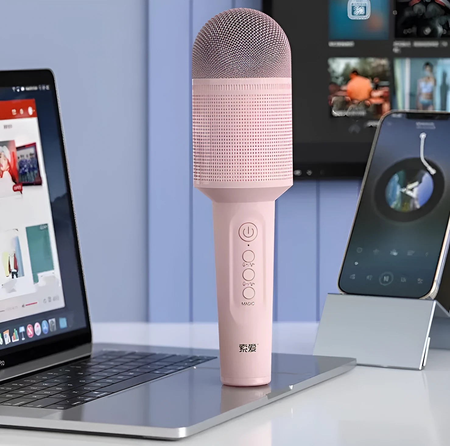 Wireless Bluetooth karaoke microphone in pink, blue, or mint green with built-in speaker.