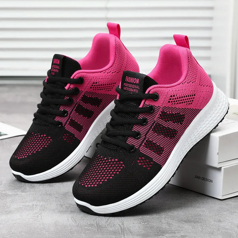 Women's flyknit running shoes with soft sole and flat heel in black, rose red, or grey pink colours