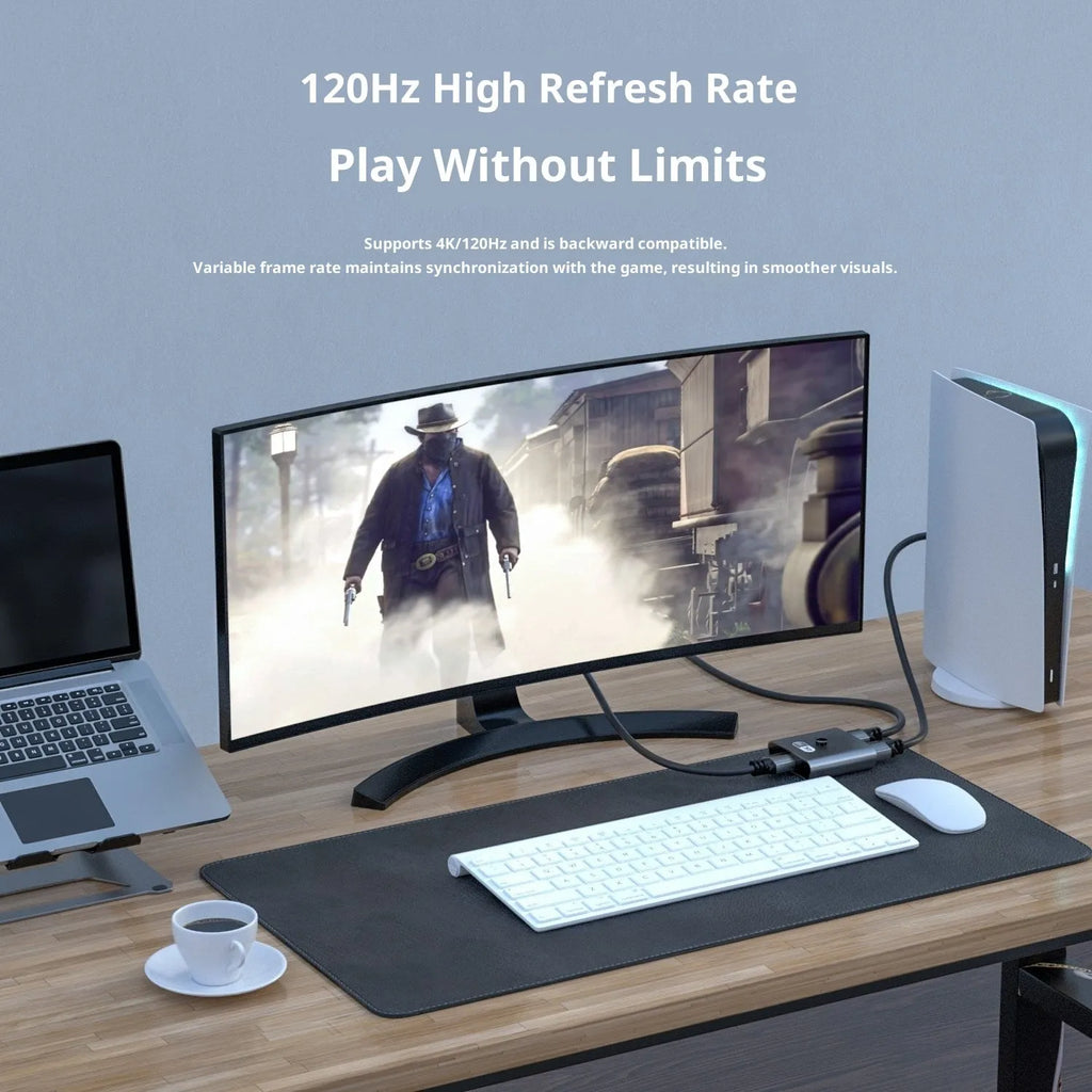 AB two-in-one-out bidirectional switcher supporting 4K and 8K resolution with split screen and 5-metre cable
