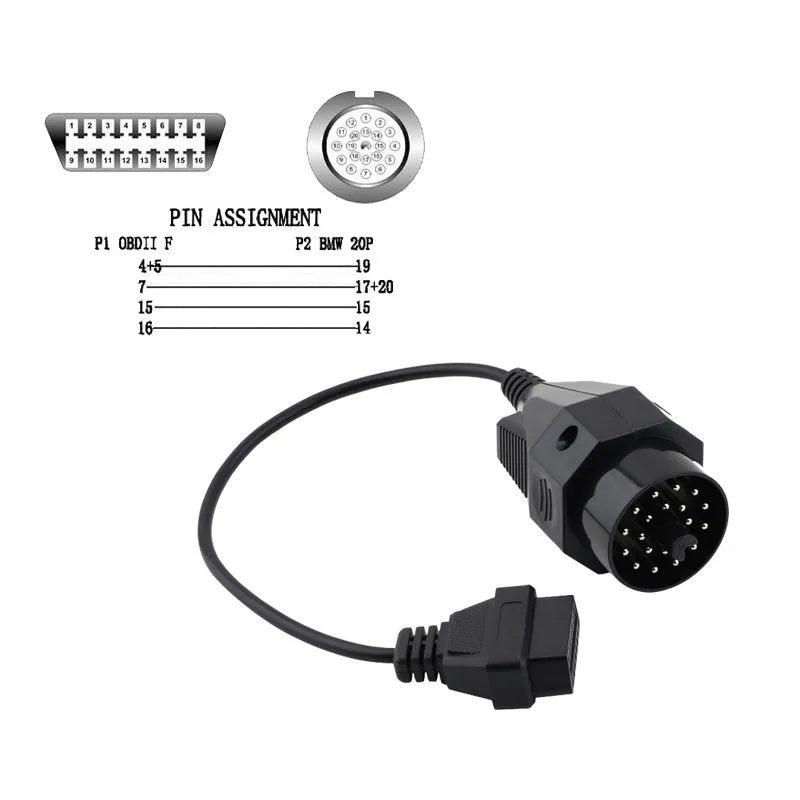 OBD2 adapter cable with a BMW 20-pin connector and a standard 16-pin OBD2 socket