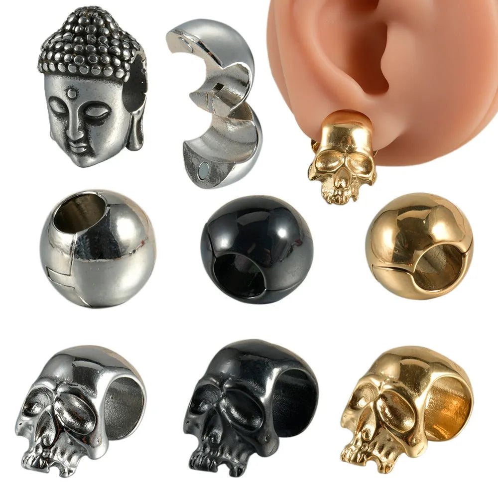Stainless steel geometric earrings with hollow skull and Buddha head design in gold, black, steel, or Buddha head finish.
