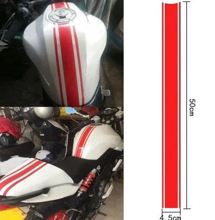 Motorcycle pinstripe sticker measuring 50x4.5cm in black, red, silver, or yellow colours