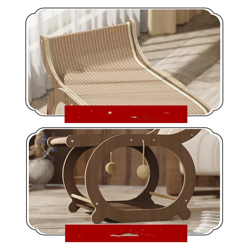 Solid wood cat scratching bed with sisal mat in walnut colour.