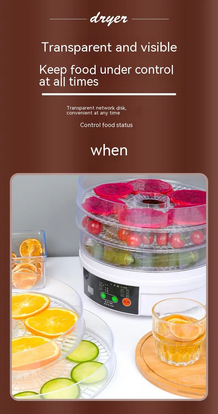 Five-tray household fruit dehydrator with clear door and adjustable temperature control