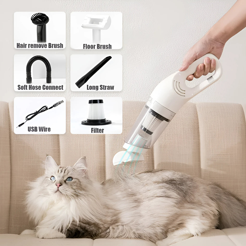 Electric pet hair absorber with 28000Pa suction, wireless charging, white colour, includes floor brush and hair remover brush