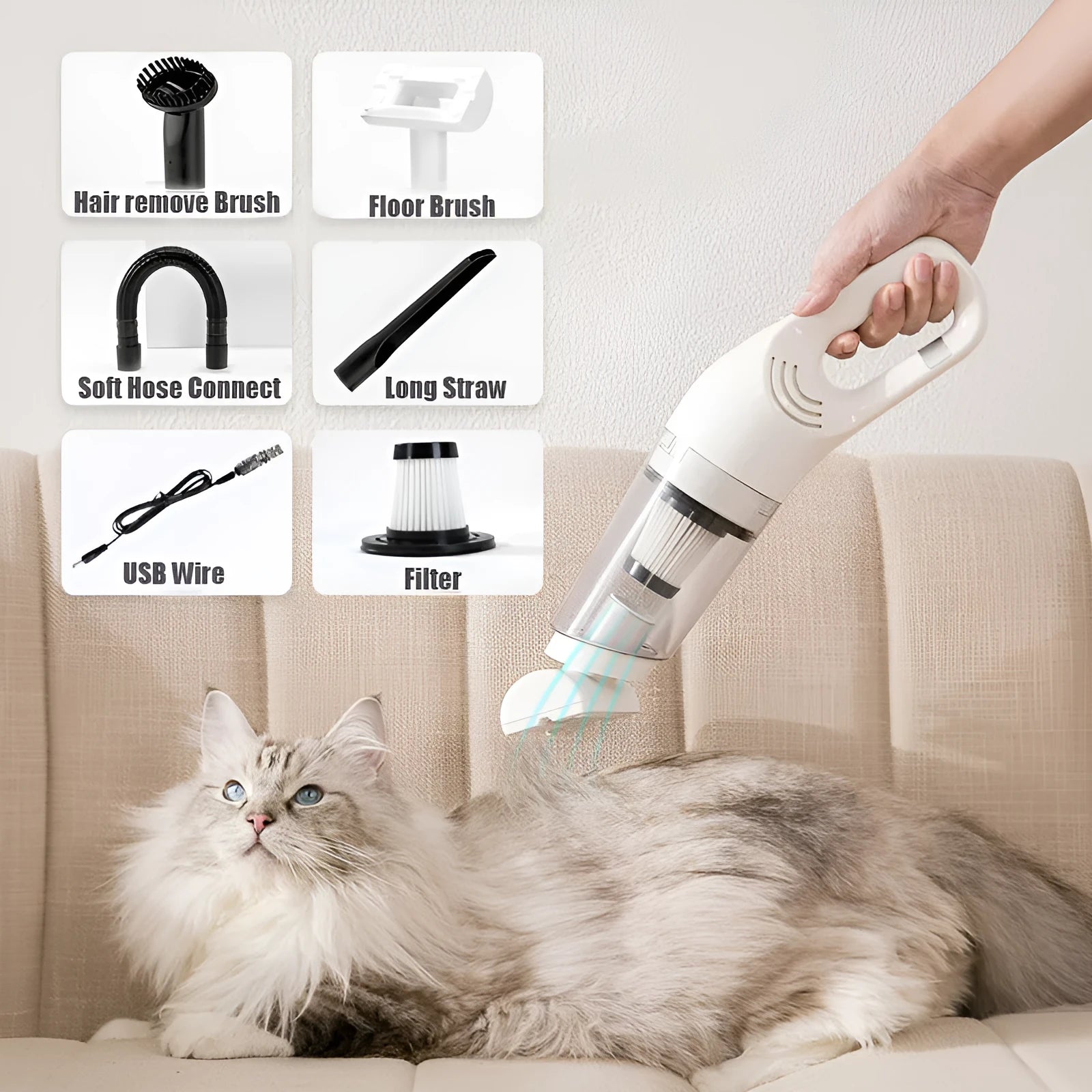 Electric pet hair absorber with 28000Pa suction, wireless charging, white colour, includes floor brush and hair remover brush