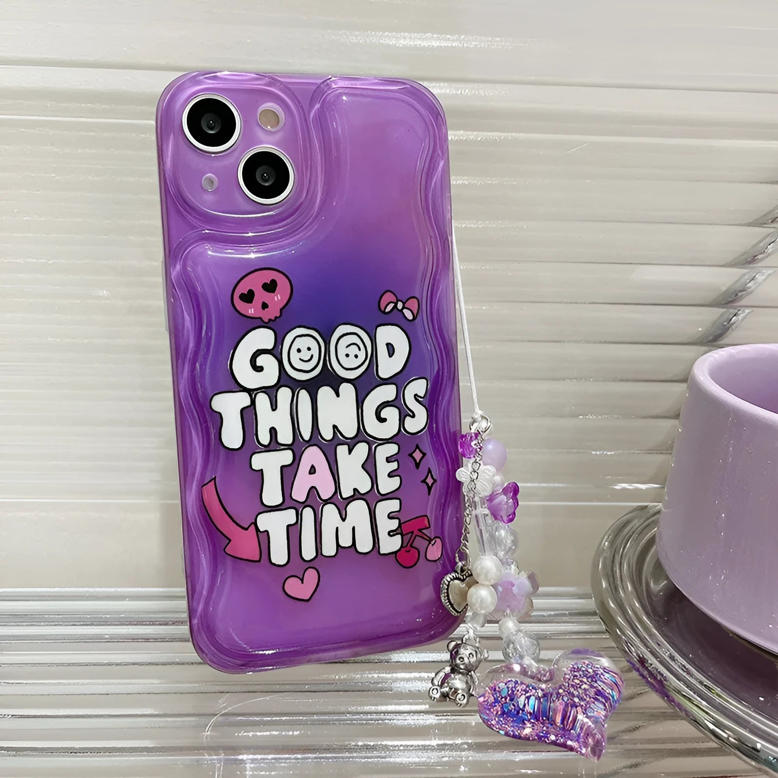 Purple English graffiti love pendant iPhone case with integrated bracelet chain