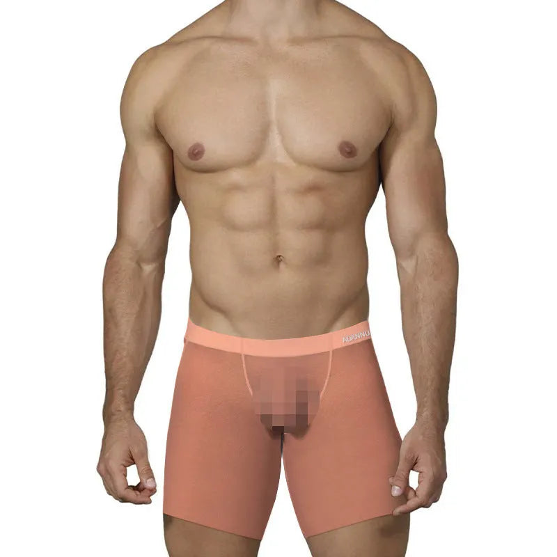 Men's solid colour boxer briefs in nylon ice silk fabric on a plain background.