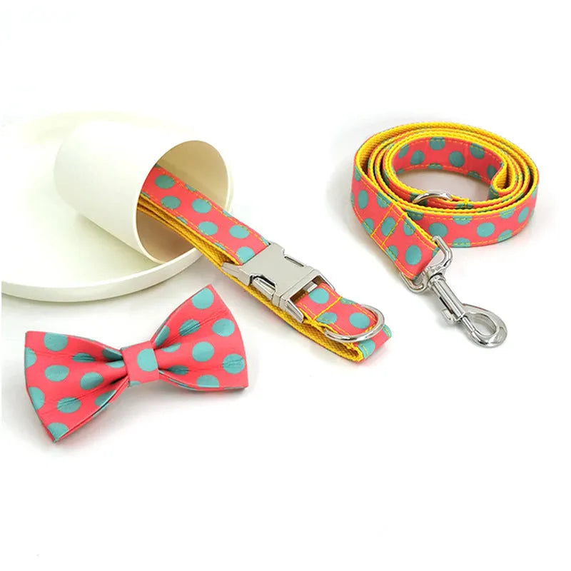 Yellow polka dot dog collar and matching lead set with adjustable sizing