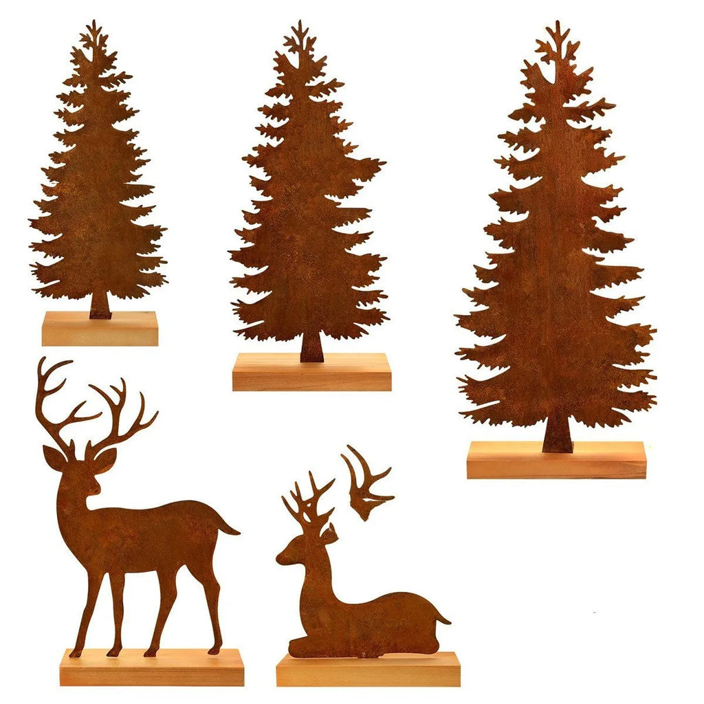 Three rusty metal Christmas ornaments featuring elk and tree silhouettes on a white background
