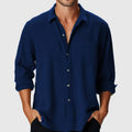 Men's pure colour beach holiday fashion shirt with stand collar and long sleeves in polyester