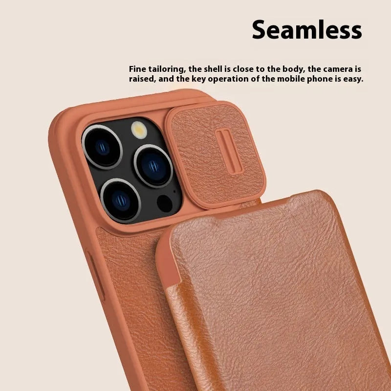Imitation leather flip phone case for iPhone 15 in Black, Brown, and Red colours