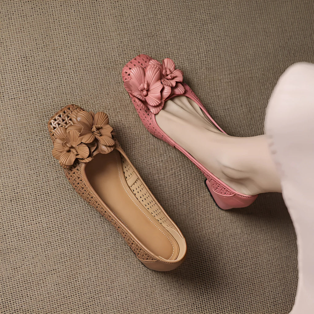 Light brown women's leather pumps with a hollow weave design and a mid-height heel.