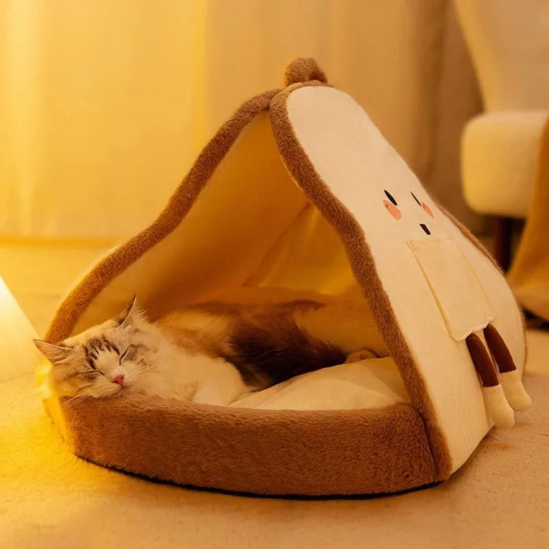 Green winter cat tent cave bed with plush blanket inside, shown in size L.