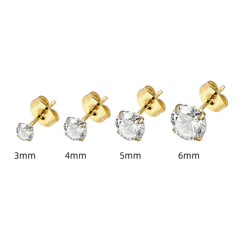 A pair of square geometric stud earrings with round zircon stones in stainless steel, shown in gold and steel colour finishes.