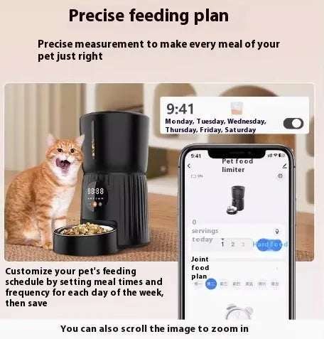 Black and white intelligent pet feeder with automatic timing and portion control for dry food