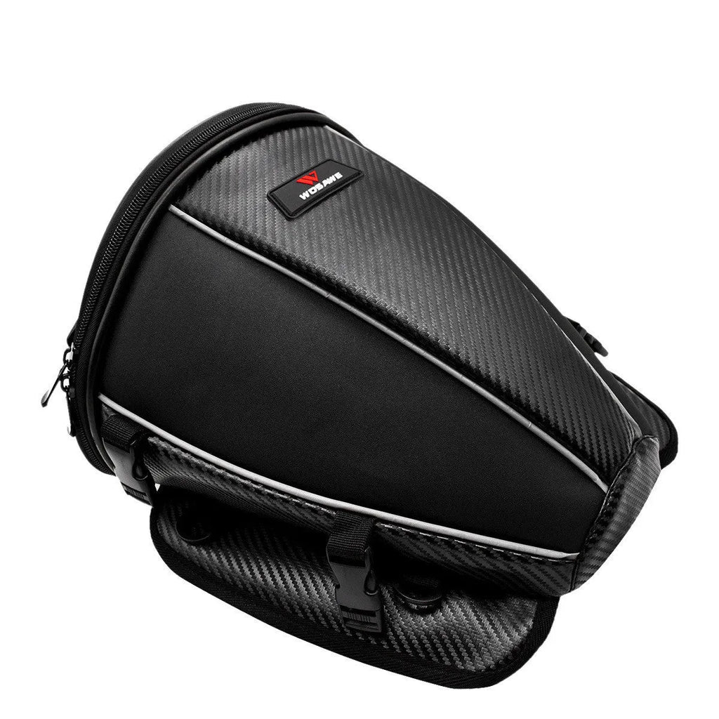 Black waterproof motorcycle seat bag with reflective strips, measuring 30x28x21cm with convertible crossbody strap
