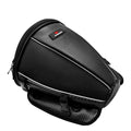 Black waterproof motorcycle seat bag with reflective strips, measuring 30x28x21cm with convertible crossbody strap