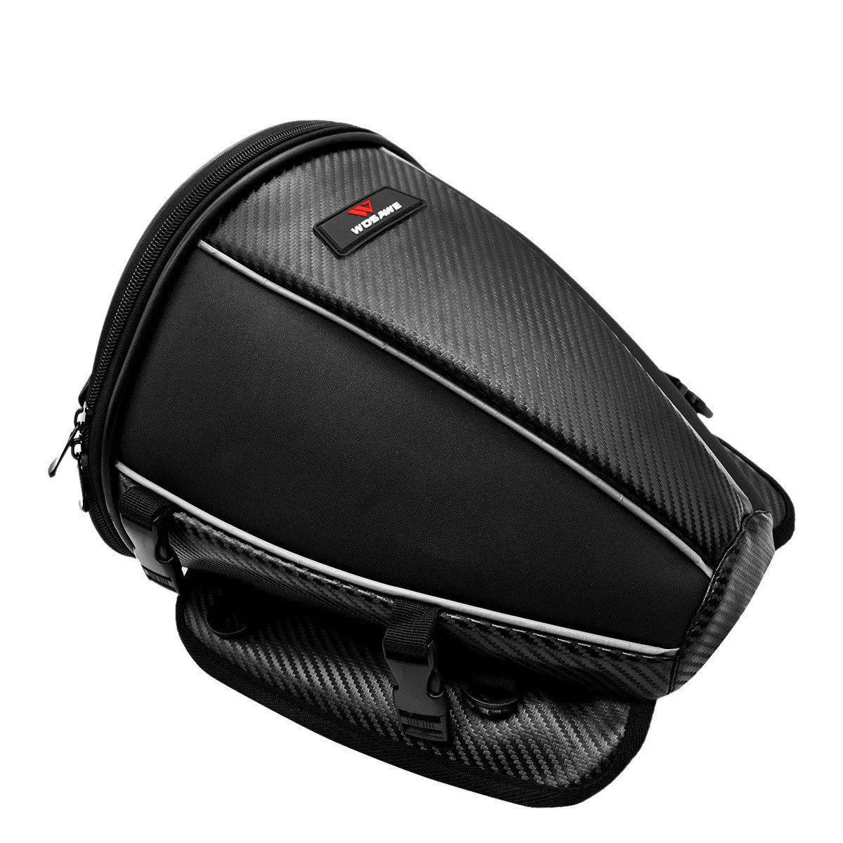 Black waterproof motorcycle seat bag with reflective strips, measuring 30x28x21cm with convertible crossbody strap