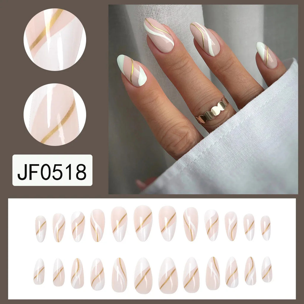 Golden Lines wearable nail stickers showing plaid pattern in JF0518 jelly glue colour on medium drop shaped plastic armour