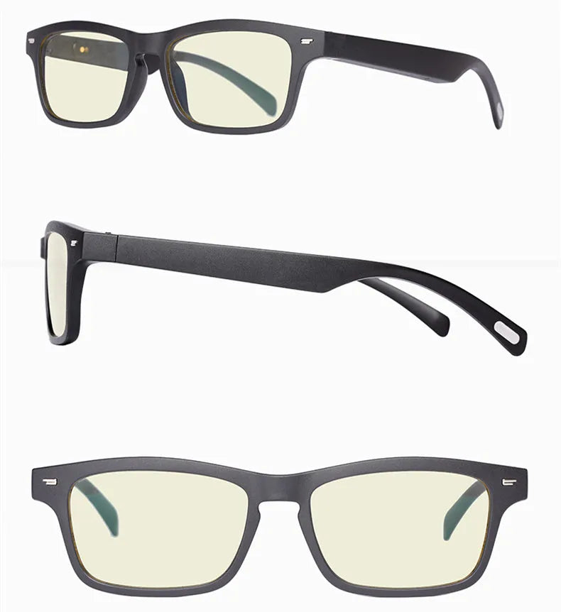 Smart Bluetooth glasses with open-ear speakers built into the temples, shown with a polarised lens option.