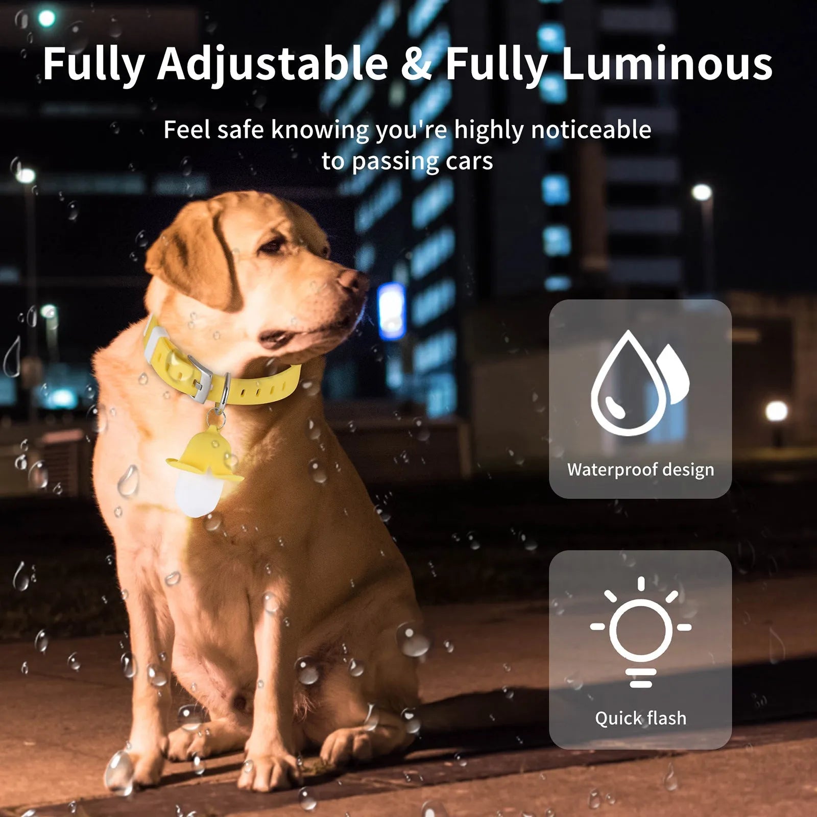 Yellow banana-shaped USB rechargeable dog collar light with LED illumination and geometry patterning