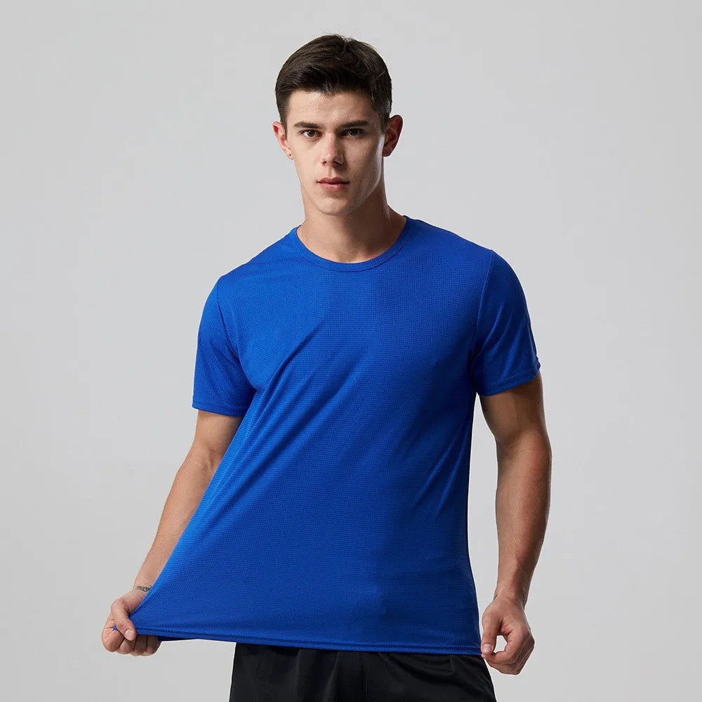 Men quick dry slim fit T-shirt short sleeve round neck solid colour running top