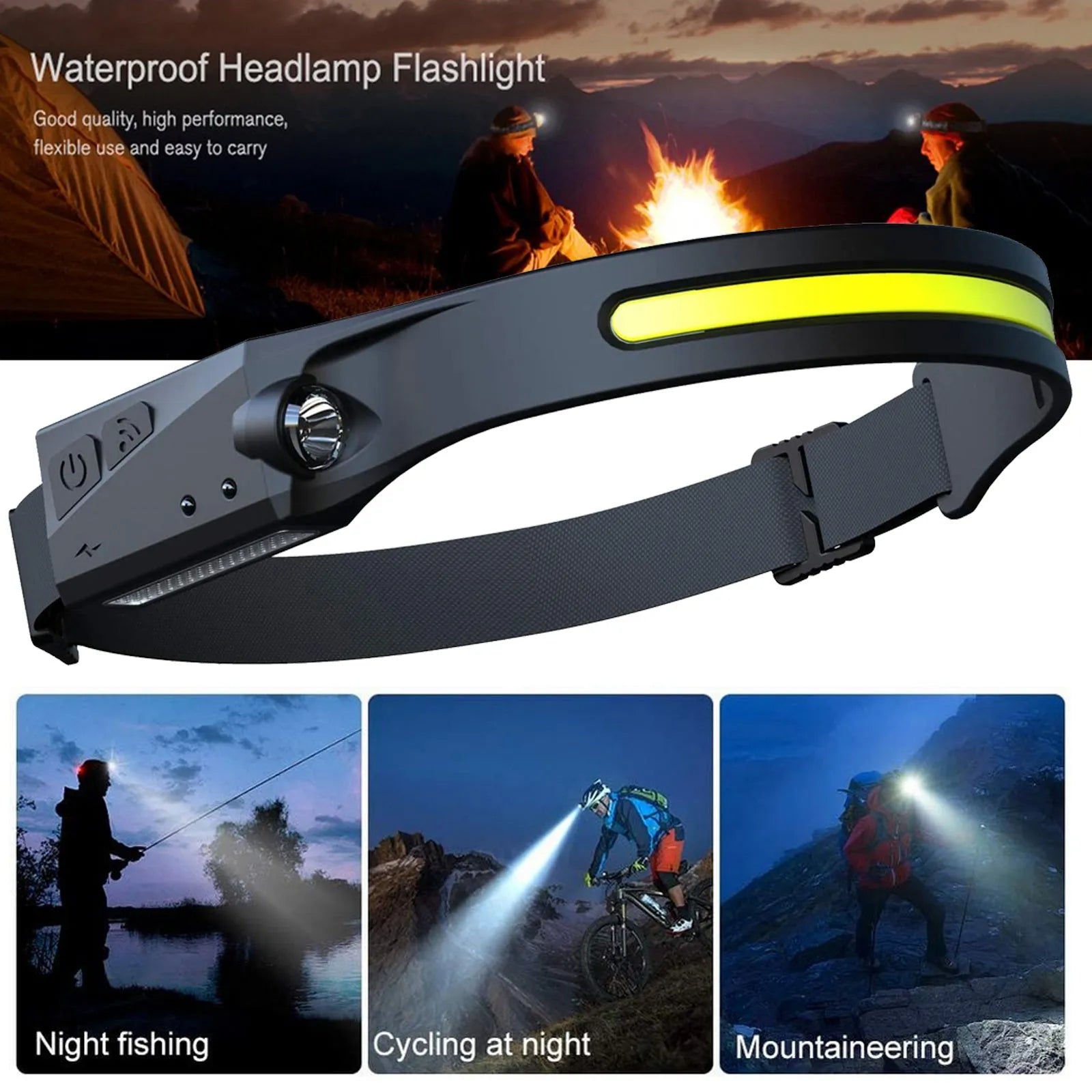 Black silicone USB rechargeable headlamp with wide LED beam, shown with adjustable strap and side wave sensor.