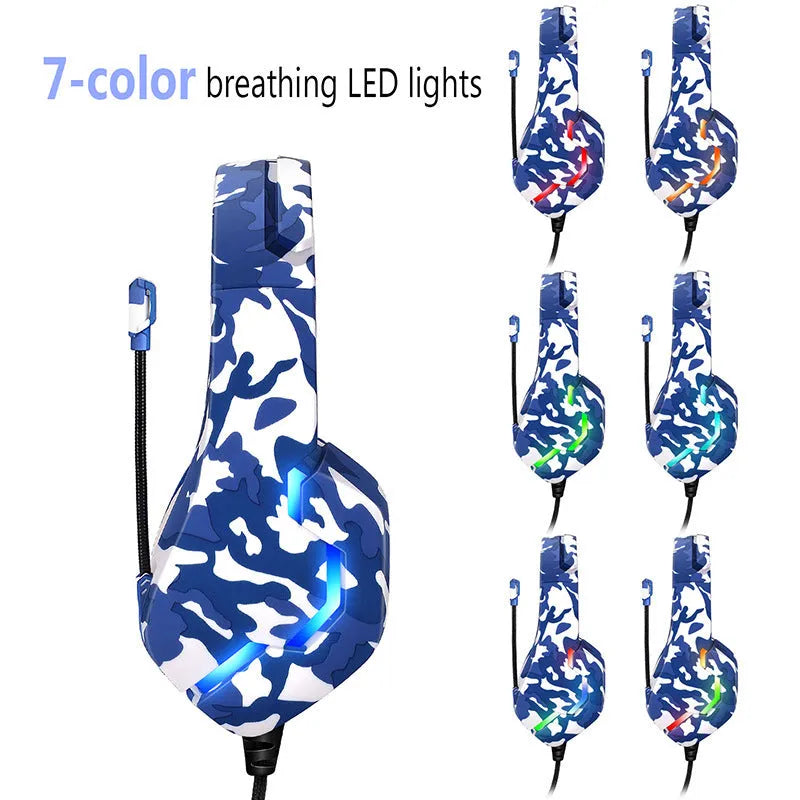 Wired gaming headset with cloth earmuffs and braided cable in camouflage blue colour