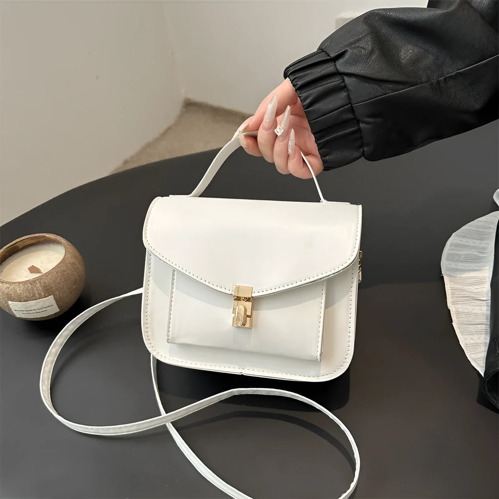 Retro style horizontal square messenger bag in PU material with crossbody strap and document compartment