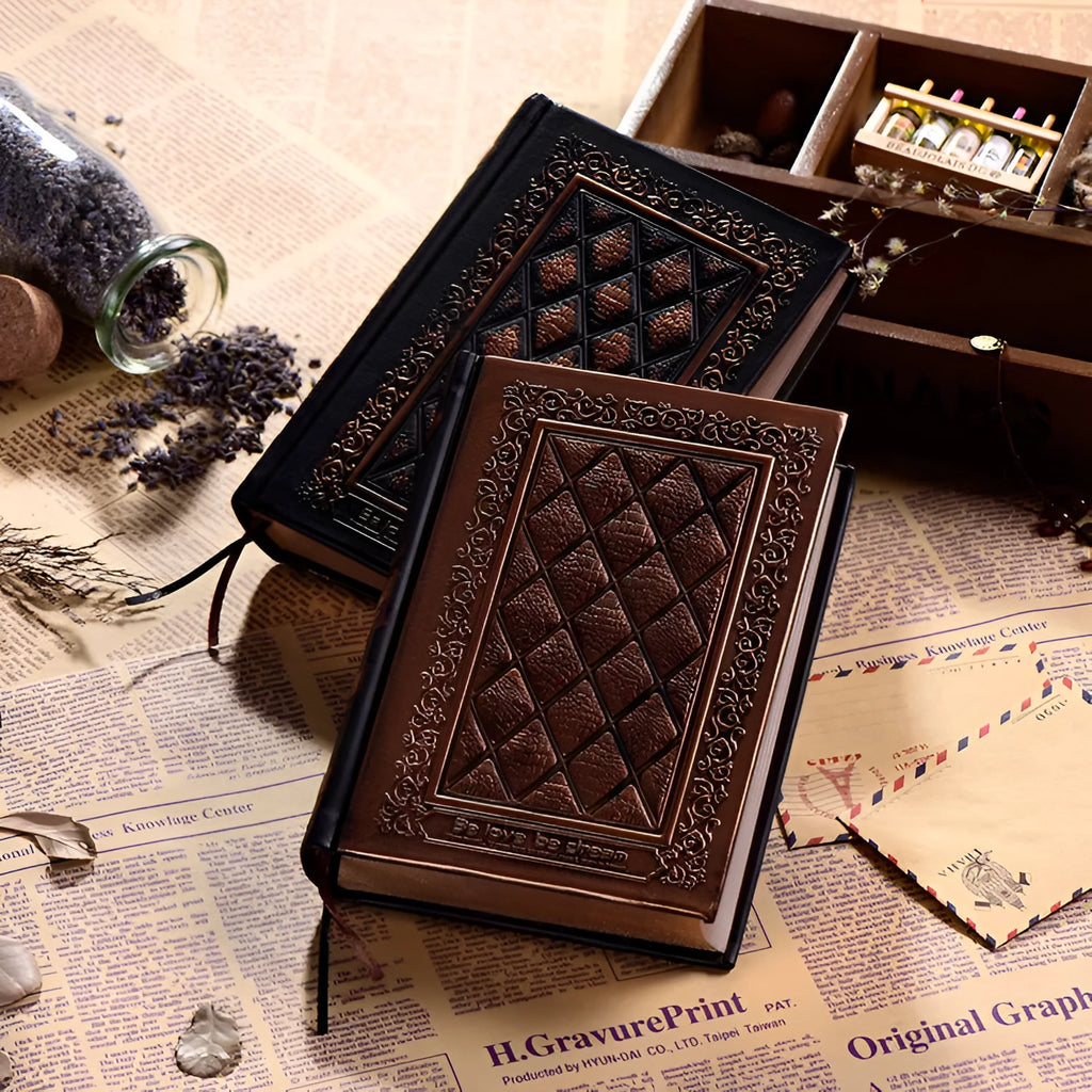 Embossed faux leather A5 notepad with super thick pages in bronze or black gold colour