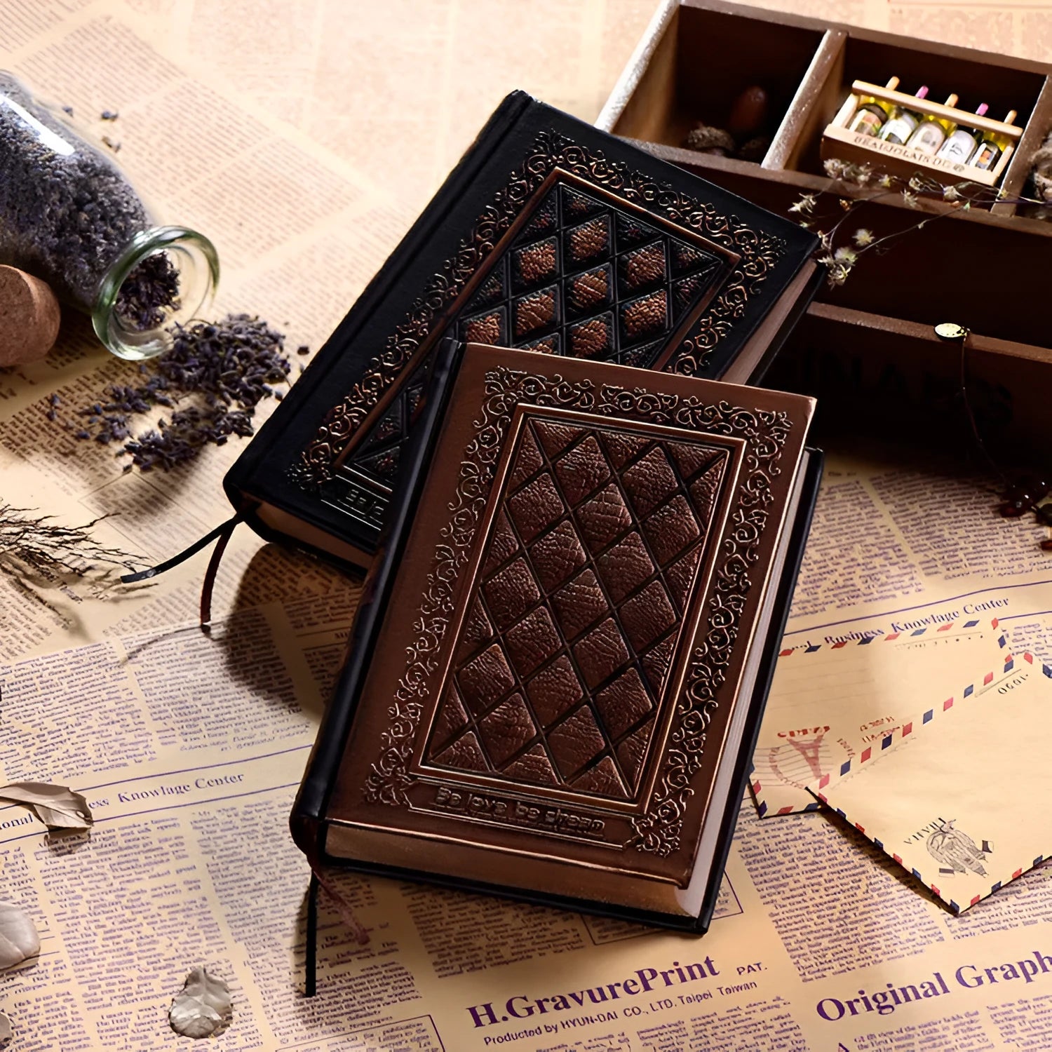 Embossed faux leather A5 notepad with super thick pages in bronze or black gold colour