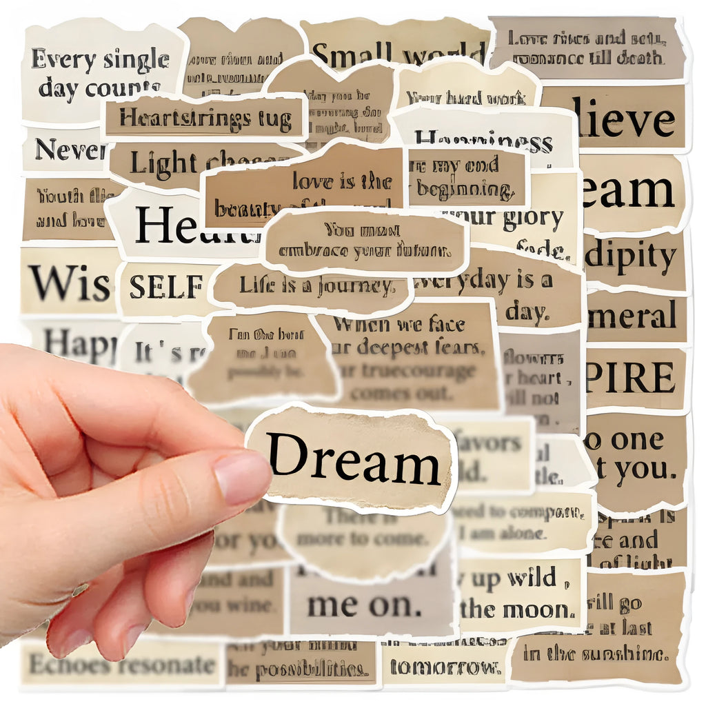 Set of 25 torn English design decorative stickers for laptops and notebooks with repositionable adhesive