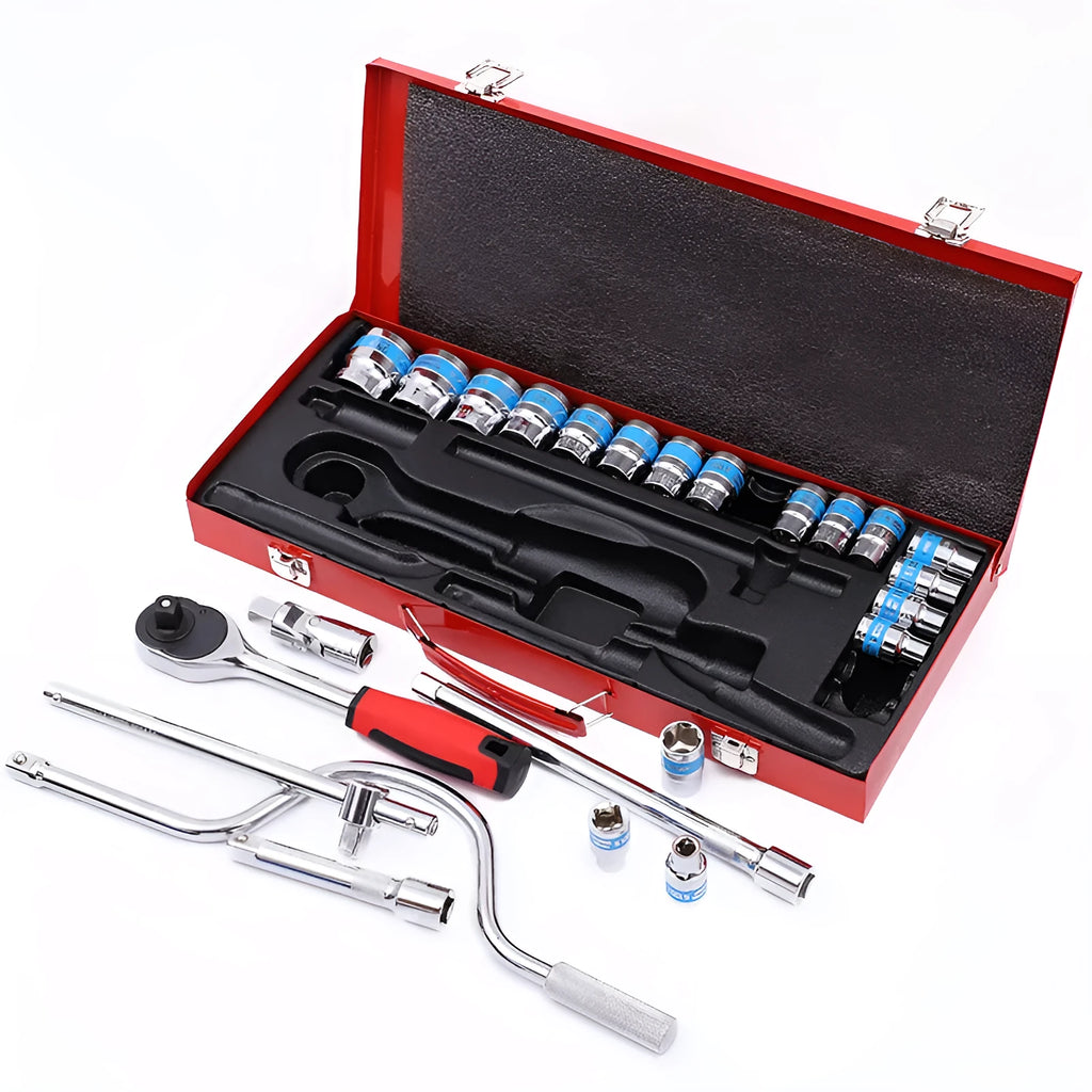 24-piece curved bow car repair wrench kit in storage case with chrome vanadium steel construction