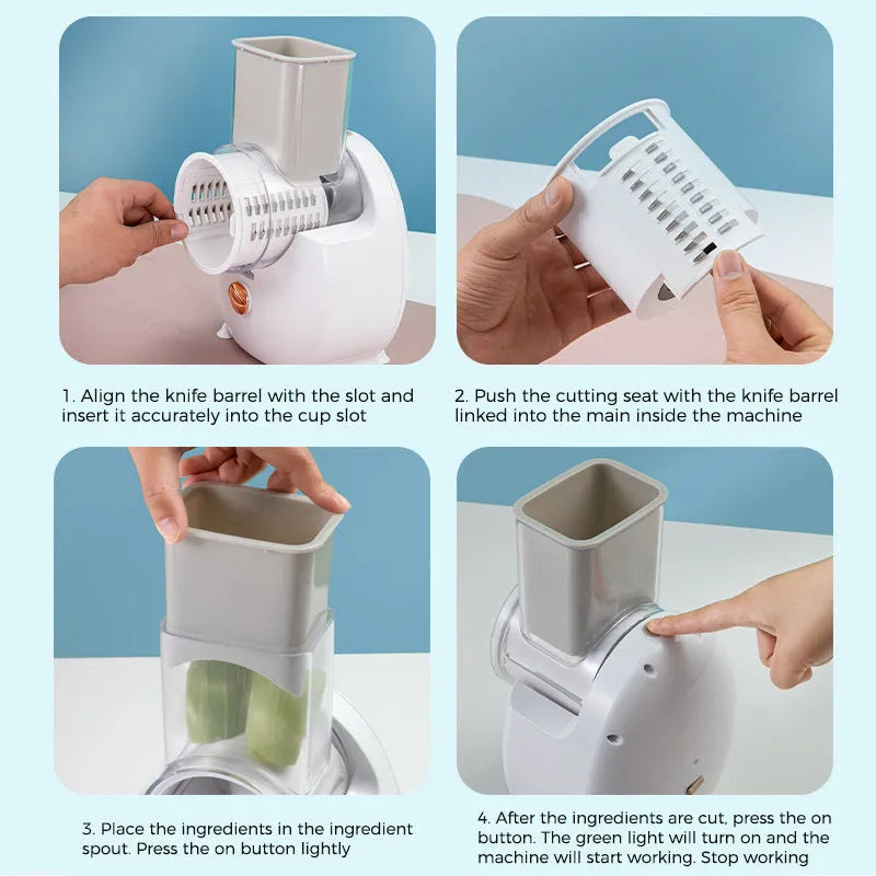 White electric vegetable slicer with rotary cutting mechanism and suction base for kitchen use