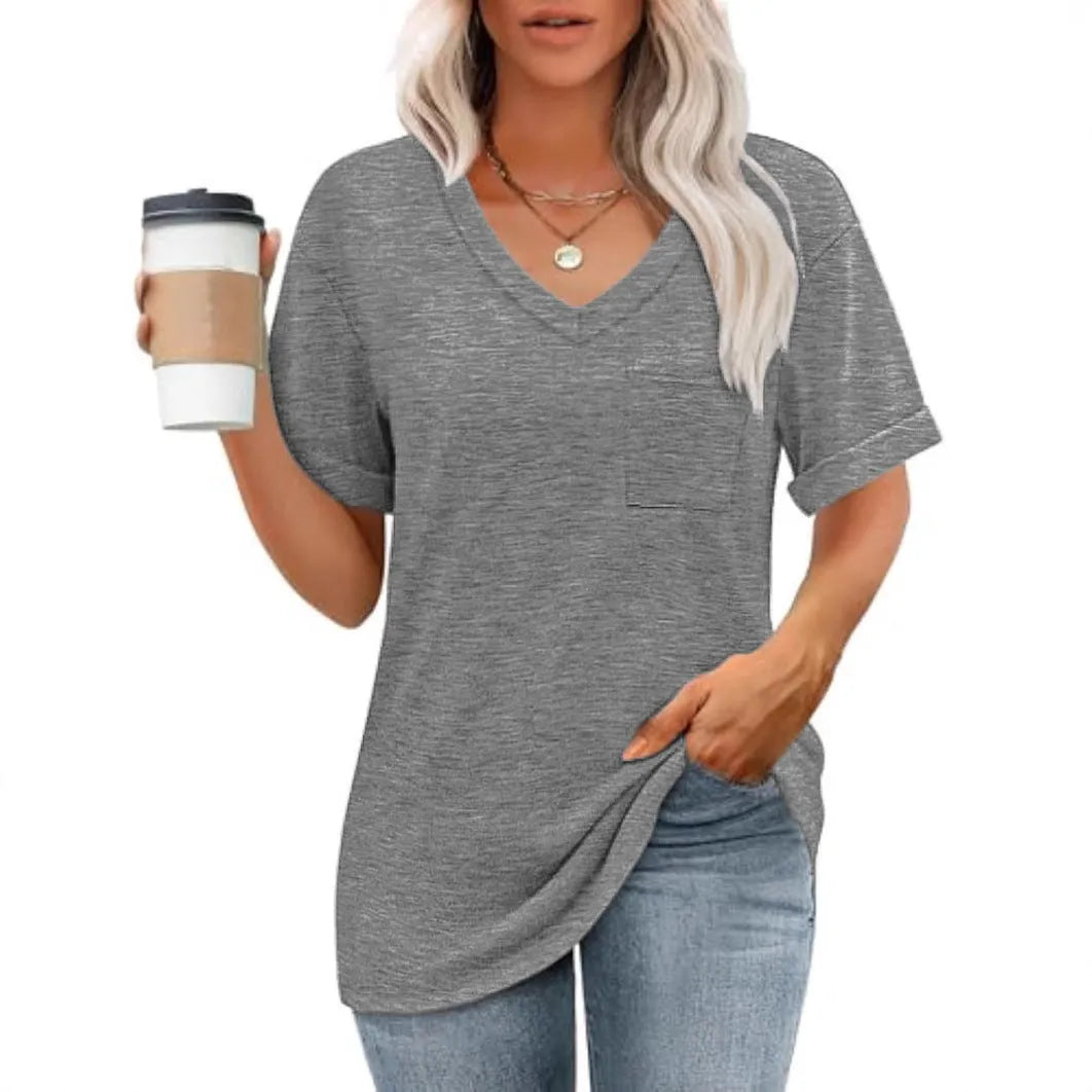 Grey loose casual V-neck T-shirt with chest pocket, short sleeves