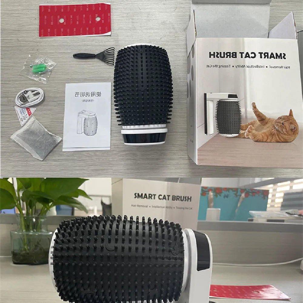 White automatic cat self groomer wall corner brush with silicone bristles