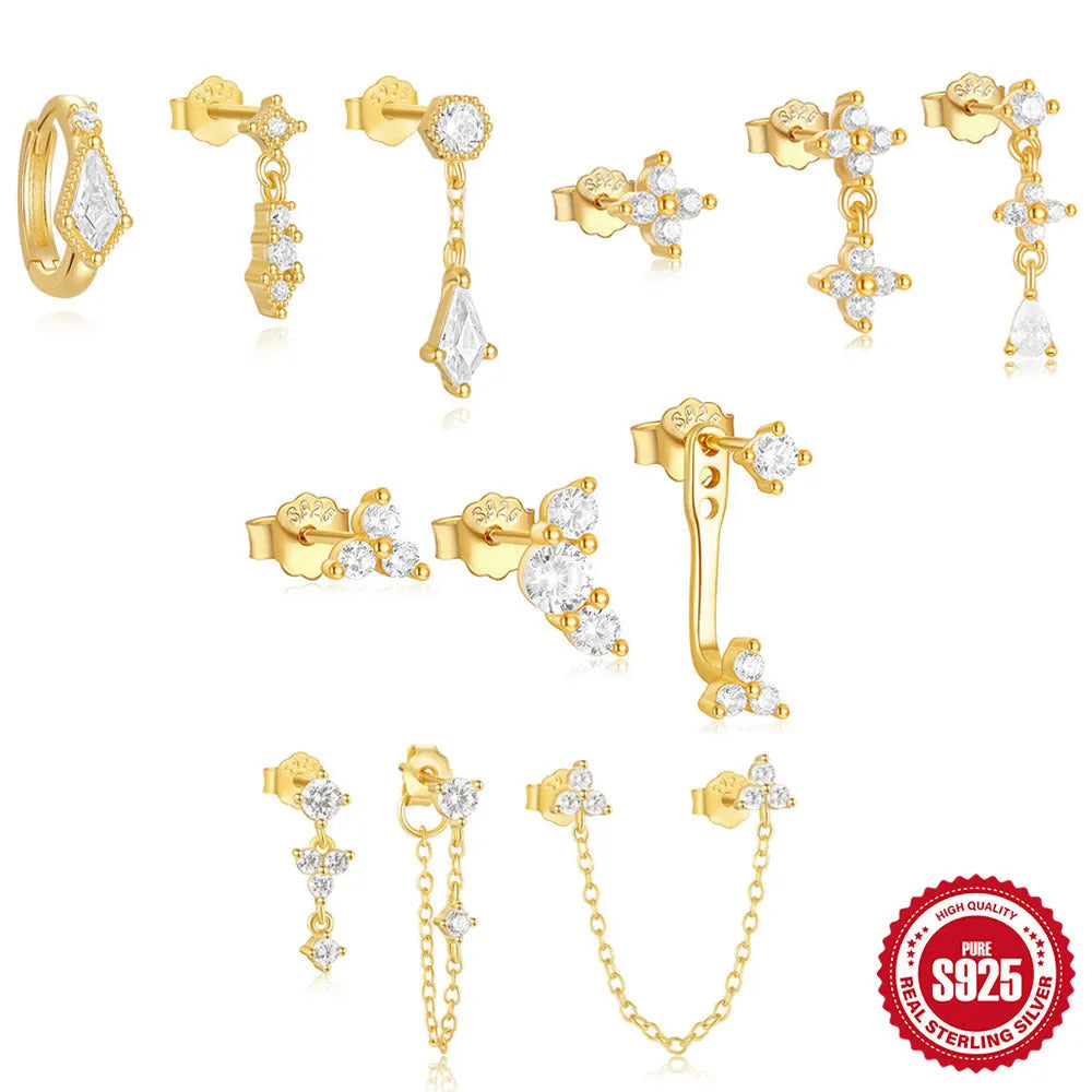 S925 sterling silver geometric zircon tassel earring set with three pieces in gold colour